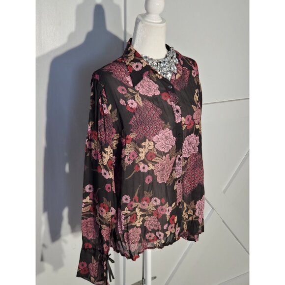 APOSTROPHE FLORAL FORMAL BLOUSE COLOR BLACK LONG SLEEVE POLYESTER SIZE M - Picture 3 of 6